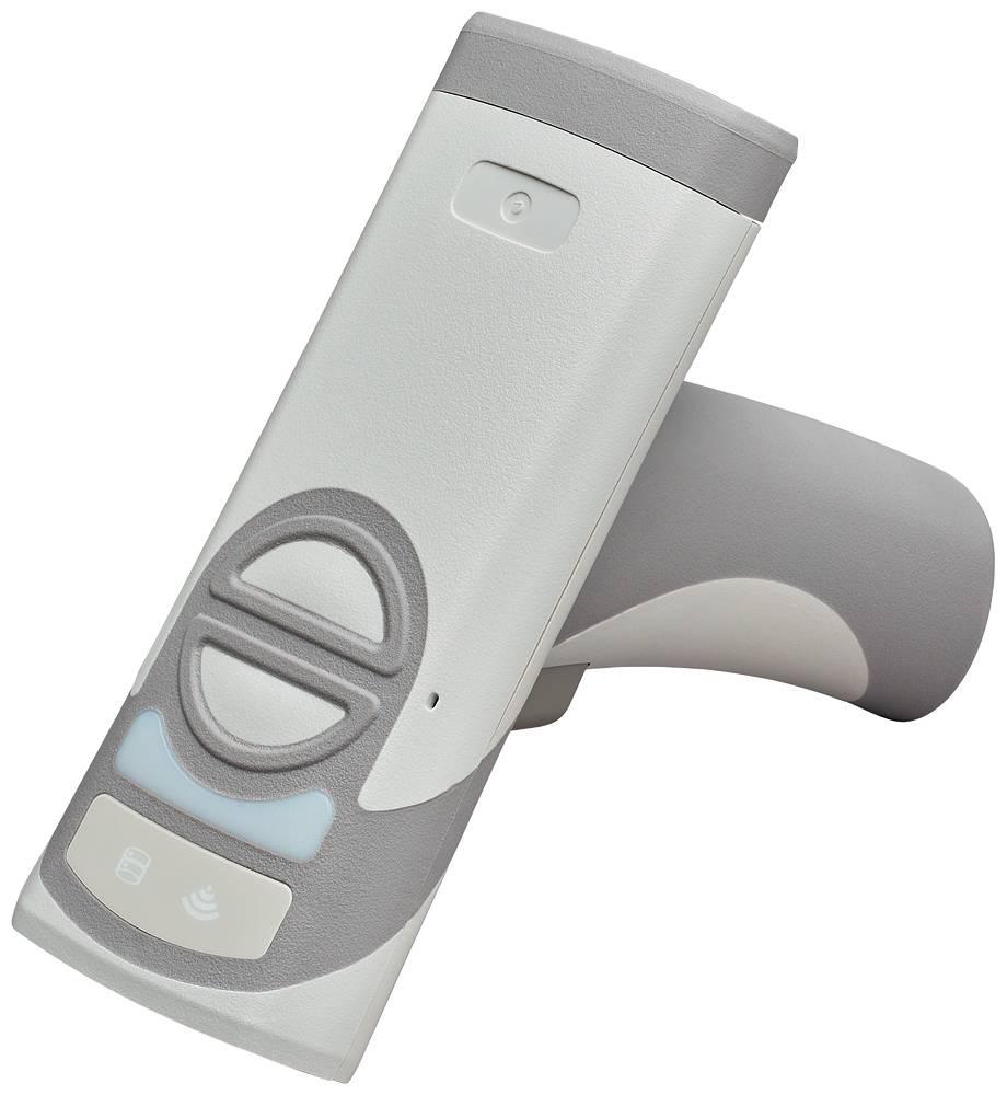 Ein handgehaltener Barcode-Scanner mit grauen und weißen Elementen, geeignet für schnelles Einlesen von Barcodes in Geschäften oder Lagern.