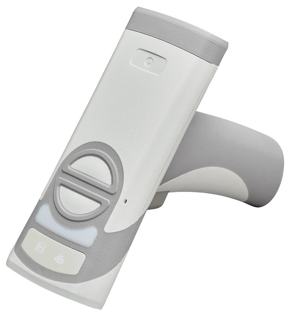 Handscanner mit grauen Akzenten, geeignet für Strichcodeerfassung oder RFID-Auslesung. Ergonomisches Design für einfache Handhabung.