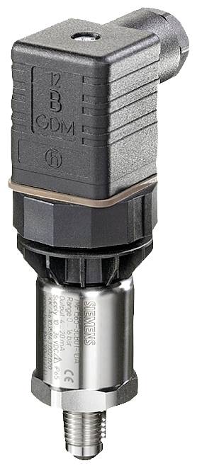 Ein Drucksensor mit Metallanschluss und Kunststoffgehäuse, beschriftet mit technischen Spezifikationen, dient zur Druckmessung.