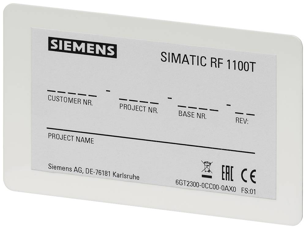 Etikett eines Siemens-Geräts, Modell 'SIMATIC RF 1100T', mit Feldern für Kundennummer, Projektnummer, Basisnummer und Revision.