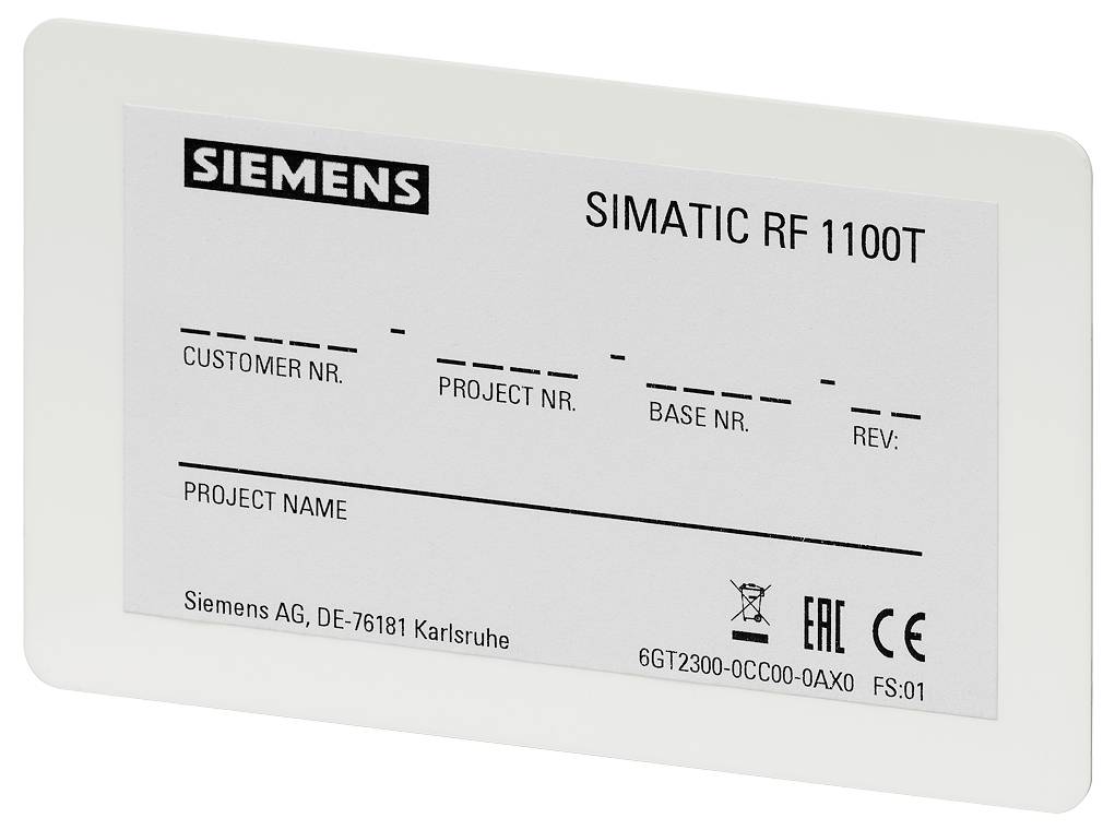 Etikett eines Siemens Simatic RF 1100T mit Feldern für 'Customer Nr.', 'Project Nr.', 'Base Nr.', 'Rev.' und 'Project Name'.
