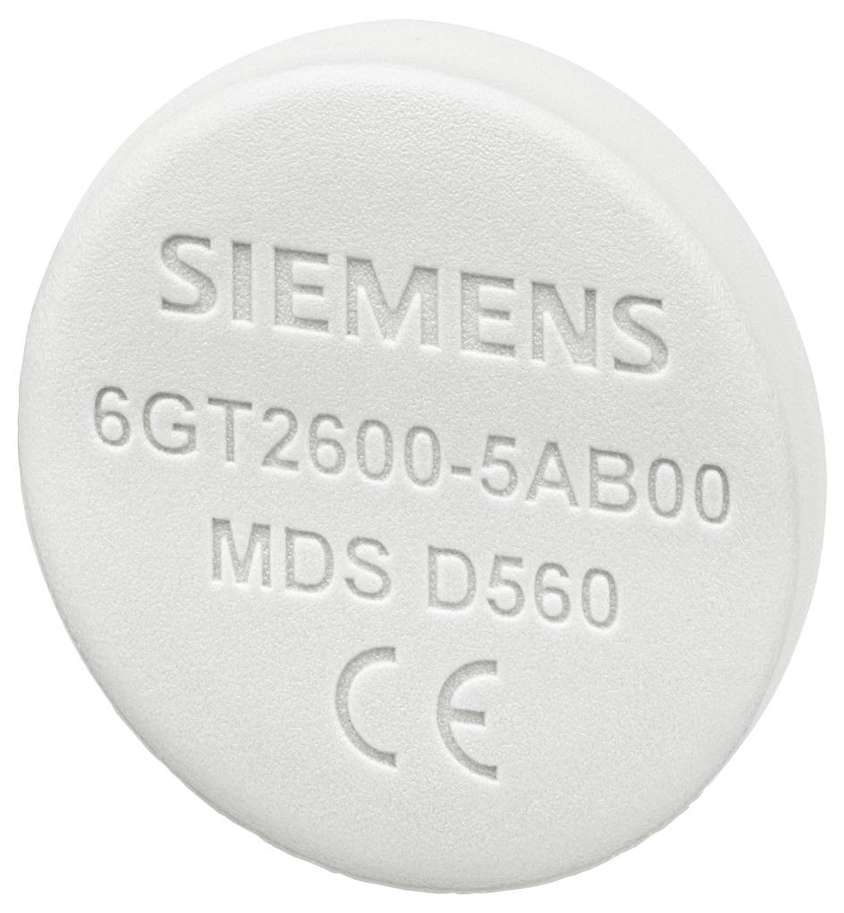 Ein runder RFID-Transponder von Siemens, markiert mit '6GT2600-5AB00', 'MDS D560' und CE-Zeichen, aus weißem Material.