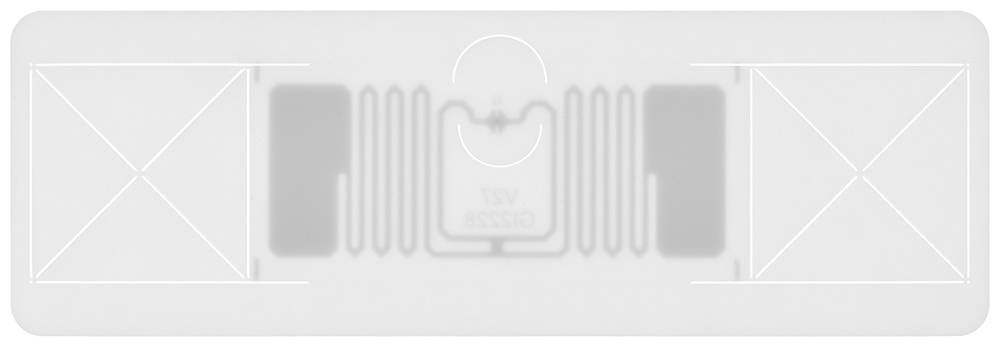 Ein RFID-Etikett mit integriertem Chip und Antenne sichtbar. Es dient zur drahtlosen Datenerfassung und -übertragung.
