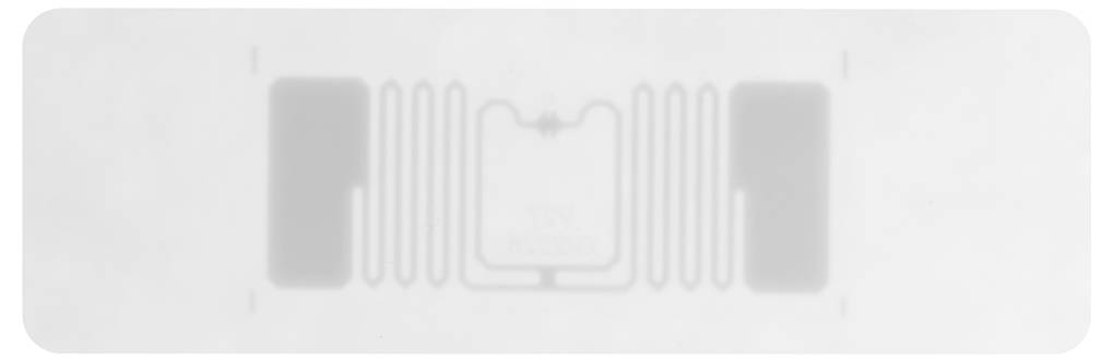Ein RFID-Tag in Rechteckform mit sichtbaren elektronischen Schaltkreisen.