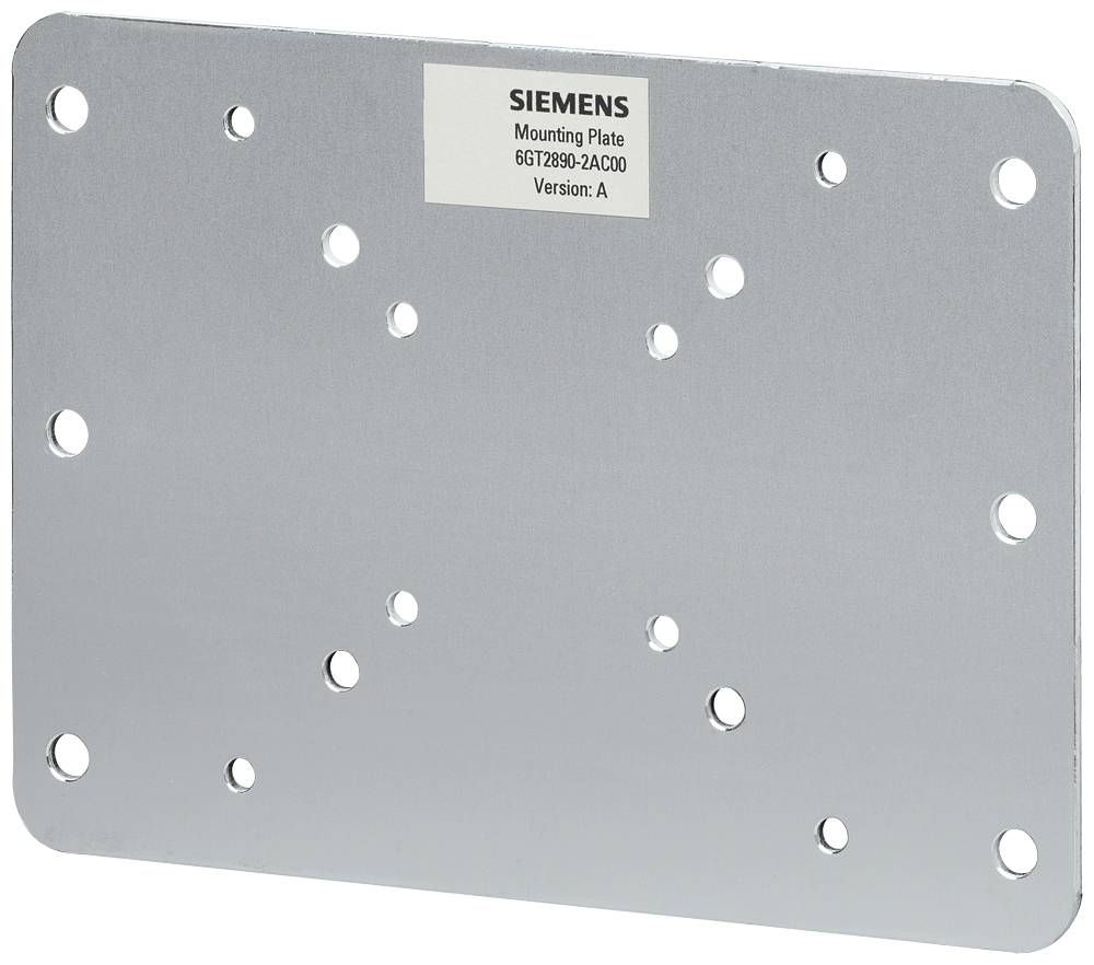 Metallische Montageplatte mit mehreren Bohrlöchern, beschriftet mit 'SIEMENS Mounting Plate 6GK5280-2AC00 Version: A'.