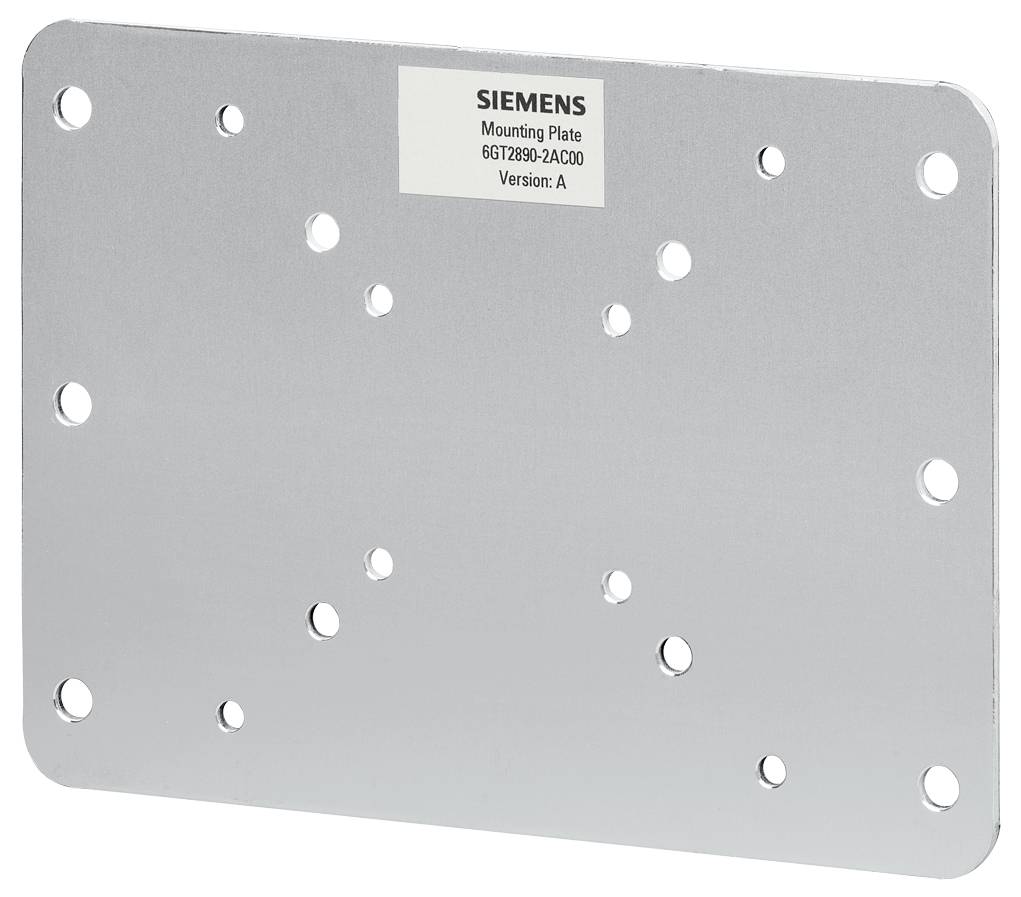 Silberne Montageplatte von SIEMENS mit mehreren Bohrlöchern, Etikett 'Mounting Plate' und Versionsangabe A.