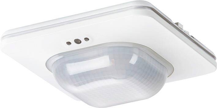 Deckenbewegungsmelder mit quadratischem Design, weißem Gehäuse und Sensorlinse in der Mitte. Erfasst Bewegungen zur automatischen Lichtsteuerung.