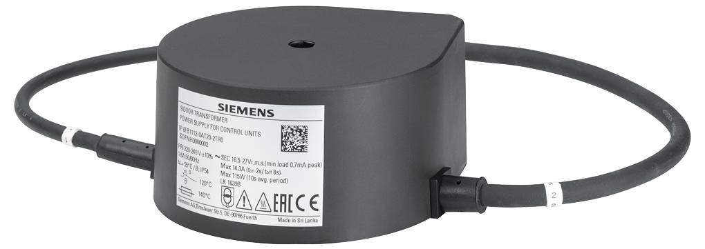 Ein zylindrisches, schwarzes Sensorgerät von Siemens mit Kabelanschlüssen und einem Etikett mit technischen Daten und Symbolen.