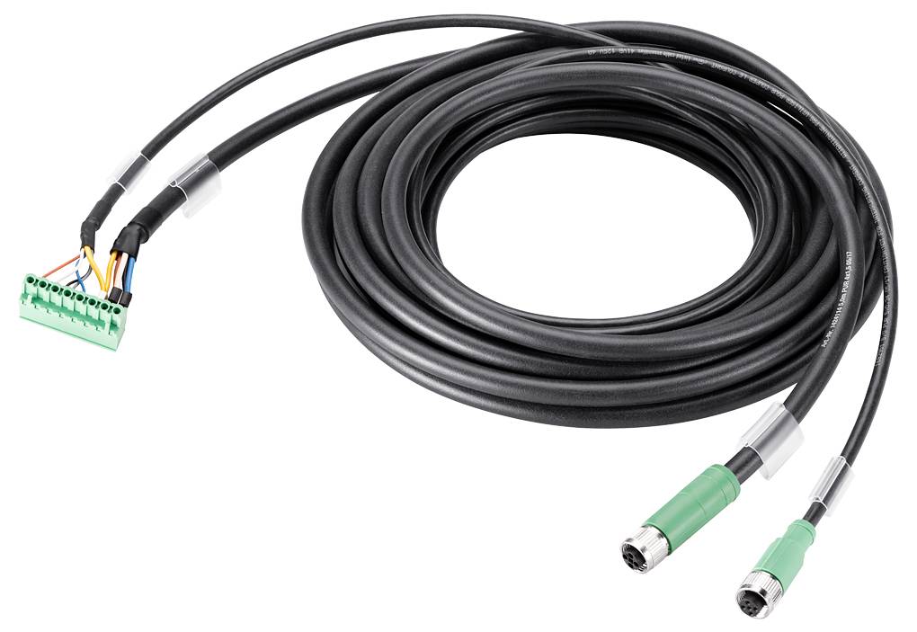 Langes schwarzes Kabel mit grünen Steckverbindern, geeignet für technische Anwendungen, zeigt Anschlüsse und Kabelenden.