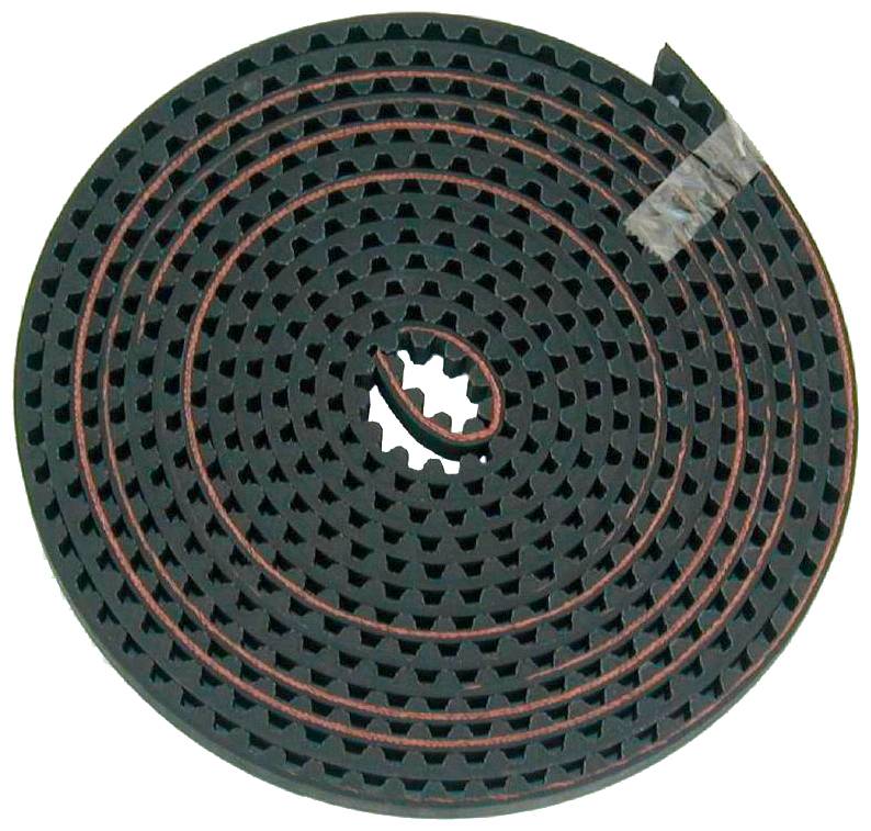 Schwarzer Zahnriemen, spiralförmig aufgerollt, vor weißem Hintergrund. Geeignet für Maschinenanwendungen zur Kraftübertragung.