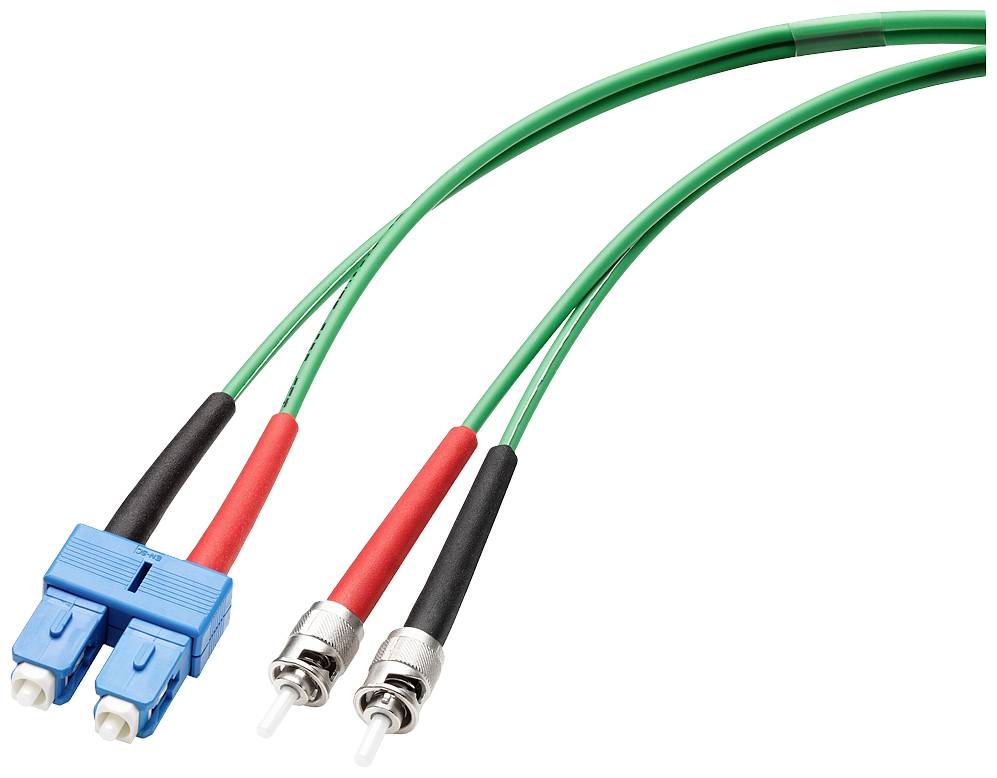 Ein grünes Glasfaserkabel mit einem blauen SC-Stecker auf der einen Seite und zwei roten und schwarzen BNC-Steckern auf der anderen Seite.