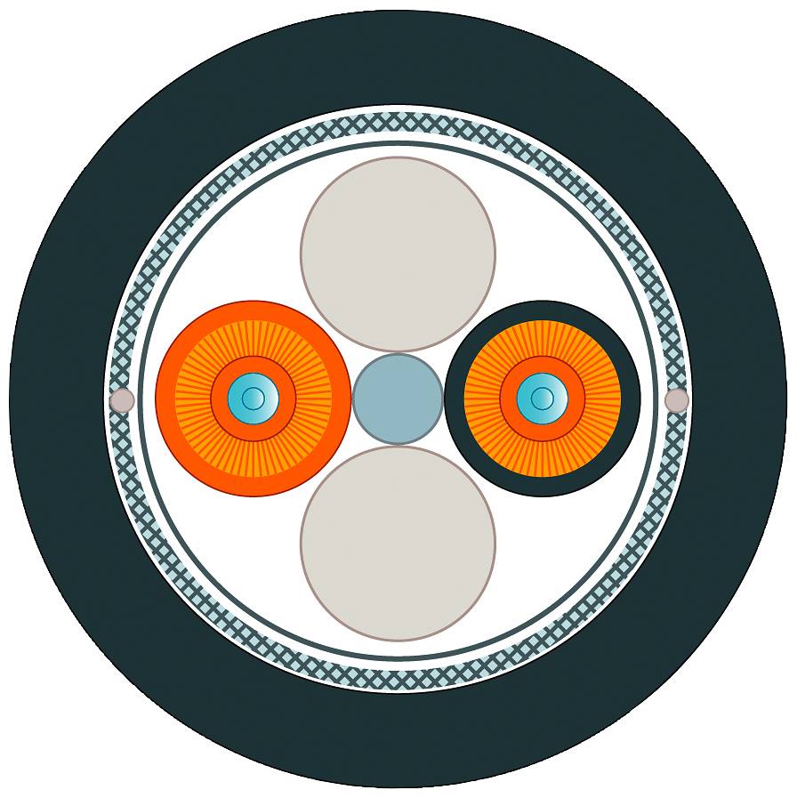 Ein stilisiertes, symmetrisches Diagramm zeigt zwei orangefarbene und zwei graue Kreise in einem dekorativen musterumrandeten Kreis.