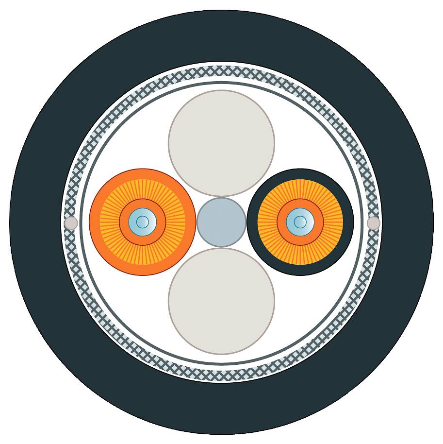 Kreisdiagramm mit zwei orangefarbenen, zwei grauen und einem blauen Kreis in der Mitte, umgeben von einem dunkelblauen Rand.