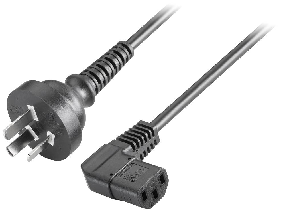 Zweipoliger Netzstecker mit Erdung und ein IEC C13 Steckverbinder, verbunden durch ein schwarzes Kabel.