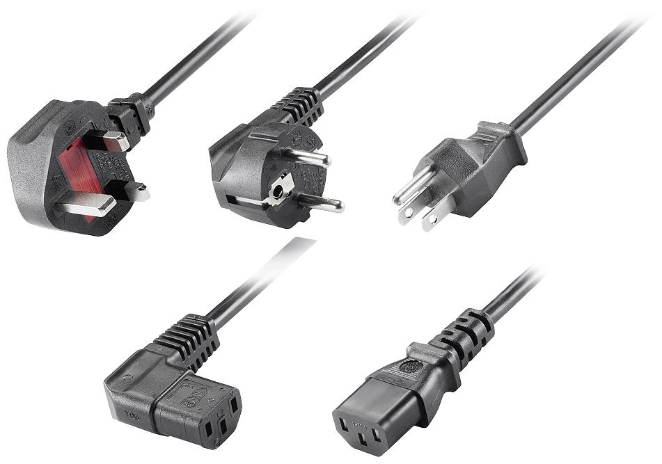 Verschiedene Steckertypen: Britischer, europäischer, amerikanischer Stecker und zwei IEC-Kaltgerätestecker, jeweils schwarz.
