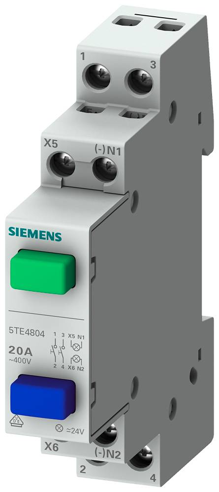 Elektrisches Installationskabel mit Siemens-Logo, Modellnummer '5TE4804', Nennstrom 20A, 400V. Zwei Bedienknöpfe, Beschriftungen und Symbole sichtbar.