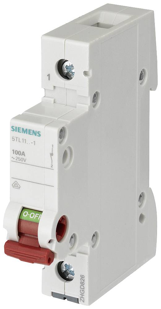 Leistungsschalter von Siemens, Modell 5TL1.11, primärfarben weiß und rot, mit grünem 'OFF'-Schalter. Geeignet für 100A bei 250V.