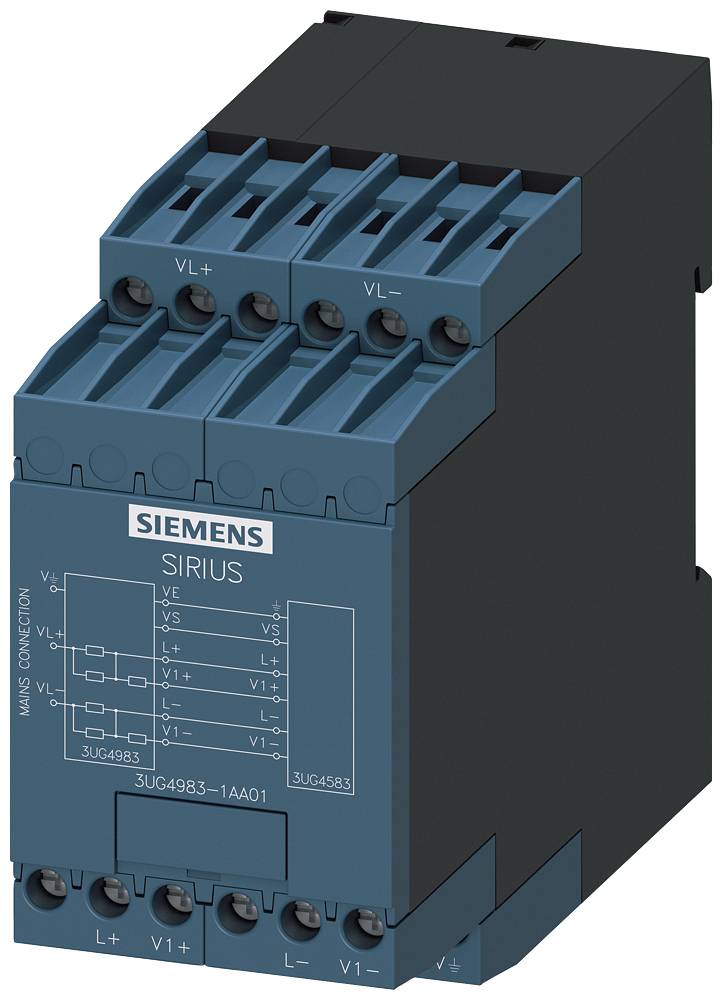 Das Bild zeigt ein blau-schwarz elektrisches Bauteil der Marke Siemens, Modell Sirius, zur Verwendung in elektrischen Schaltungen.