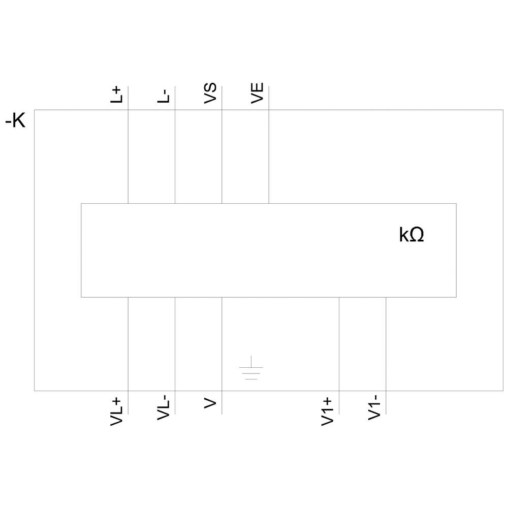 Ein Schaltplan zeigt einen Widerstand von kΩ mit Anschlüssen: '-K', 'L+', 'L-', 'VS', 'VE', 'VL+', 'VL-', 'V+', 'V-', und ein Erdungssymbol.