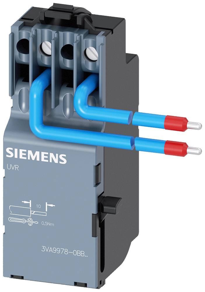 Ein elektrisches Bauteil mit der Aufschrift 'SIEMENS UVR', zwei blaue Kabel mit roten Enden sind angeschlossen.