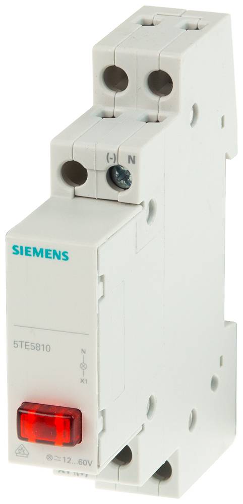 'Siemens 5TE5810' Stromstoßschalter, weiß, mit rotem Indikatorlicht vorne, symbolisiert elektrische Schalteinheit.