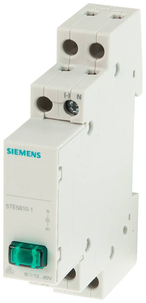 Ein Siemens Überspannungsschutzgerät in Weiß mit grünem Druckknopf, Modellbezeichnung '5TE5810-1', für elektrische Installationen.