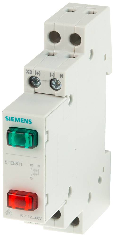 Ein Siemens-Schaltschütz mit grüner und roter Anzeige, Modellnummer 5TE5B11. Dient zur Steuerung elektrischer Lasten.