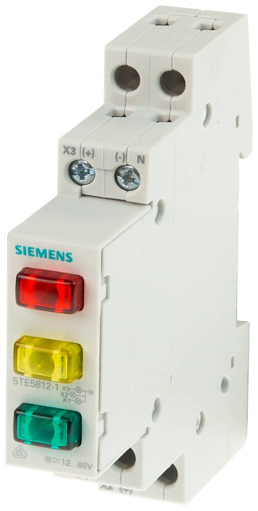 Ein mehrfarbiger Siemens-Leistungsschalter mit roten, gelben und grünen LED-Anzeigen auf der Vorderseite zur Statusanzeige.