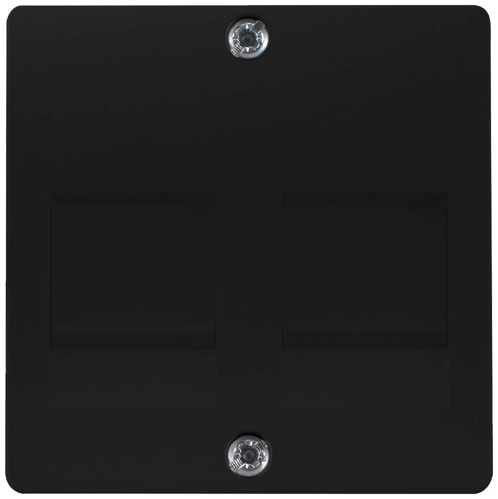 Eine schwarze Wandplatte mit zwei leeren Aussparungen und zwei oben und unten angebrachten Schrauben.