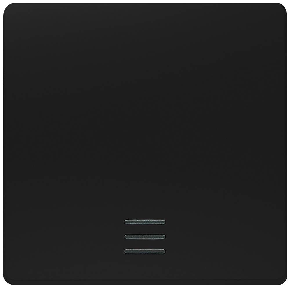 Ein schwarzer, quadratischer Lichtschalter mit drei horizontalen Linien unten zur Steuerung von Licht oder Geräten.