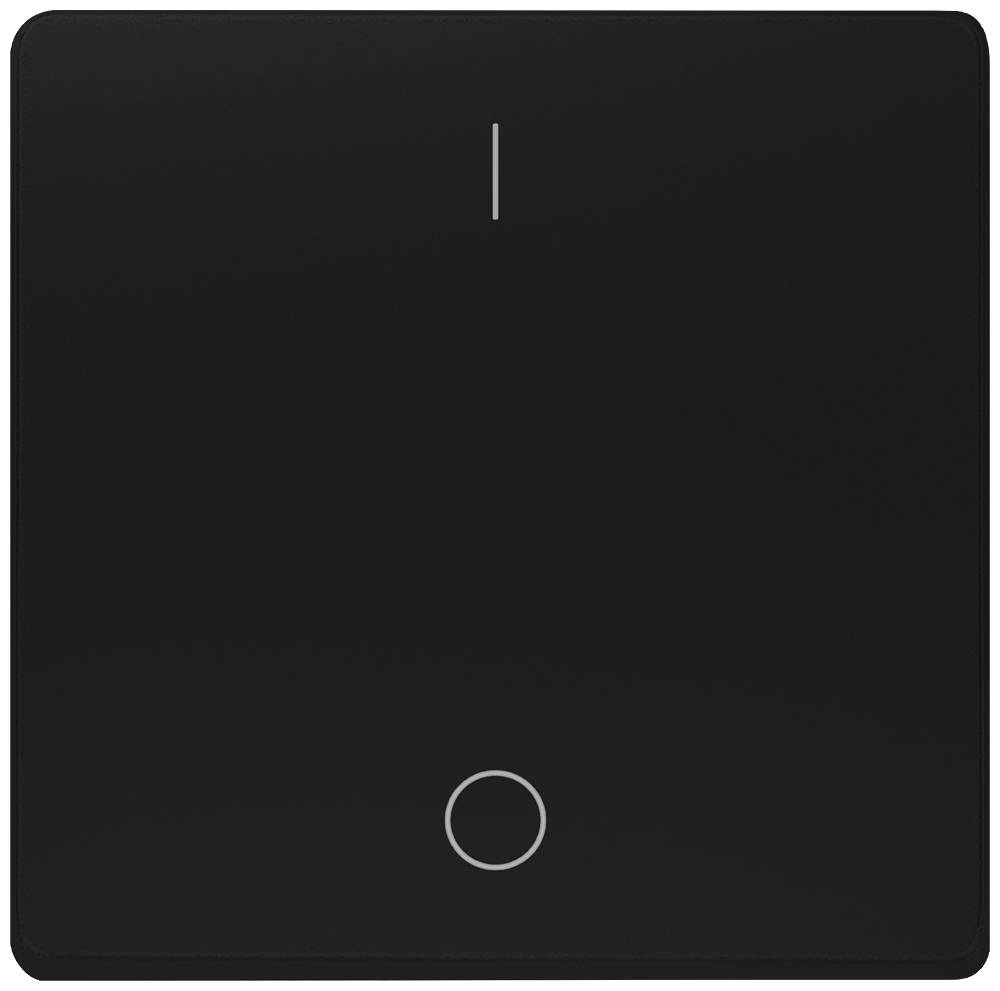 Ein moderner, quadratischer, schwarzer Lichtschalter mit einem minimalistischen Design. Oben ein kleines vertikales Symbol, unten ein Kreis.