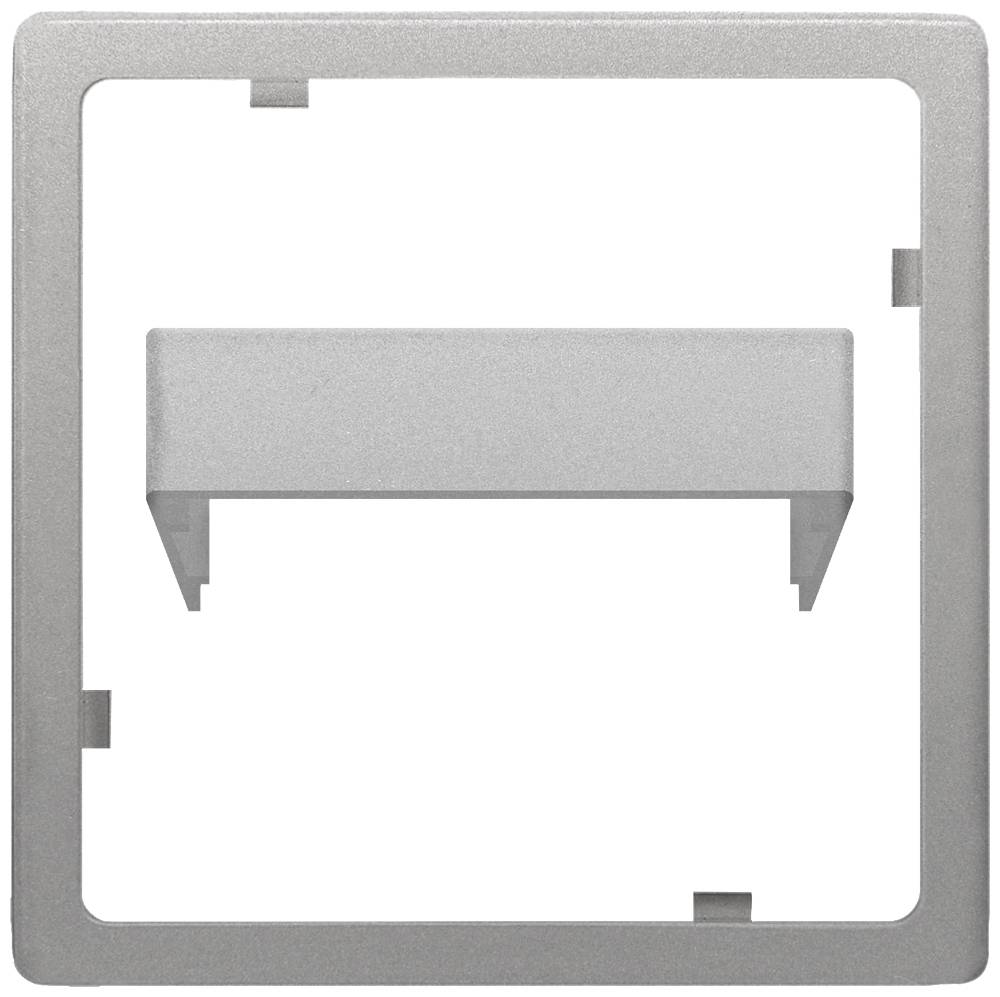 Ein quadratischer, silberner Lichtschalterrahmen ohne Schalter, mit abgerundeten Ecken und mehreren Clips auf den Innenseiten.