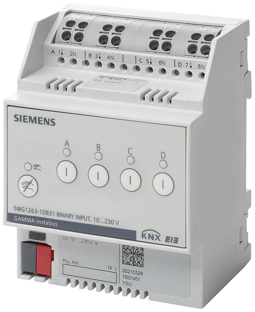 Ein Siemens KNX-Binäreingangsmodul mit vier Eingängen zur Steuerung von Haustechnik, zeigt Vorderansicht und Beschriftungen.