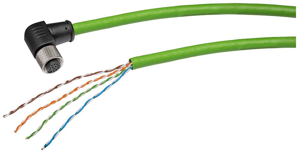 Grünes Ethernetkabel mit abisolierten Enden und Stecker, zeigt farblich ummantelte Drähte, geeignet für Netzwerkverbindungen.