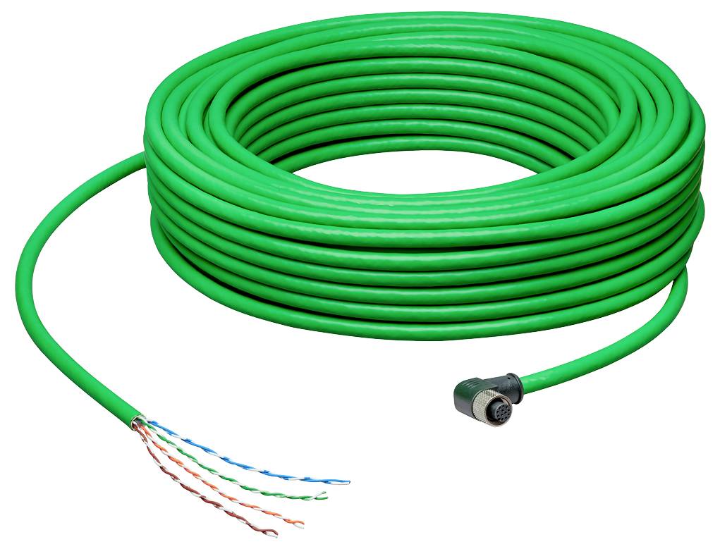 Eine grüne, aufgewickelte Netzwerkleitung mit offenem Kabelende und einem Stecker am anderen Ende.