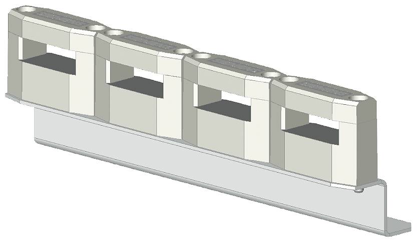 Ein 3D-Rendering eines mehrpoligen Steckverbinders mit vier rechteckigen Öffnungen, montiert auf einer Metallbasis für elektrische Verbindungen.