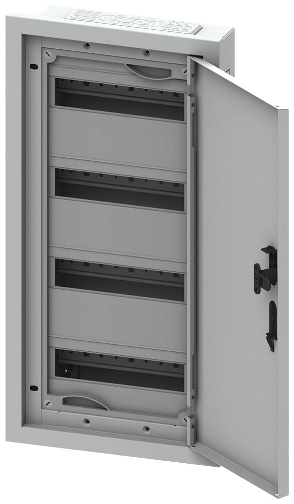 Grau-weißer Schaltschrank mit geöffneter Tür und vier leeren Reihen für elektrische Bauteile, an einer Wand montiert.