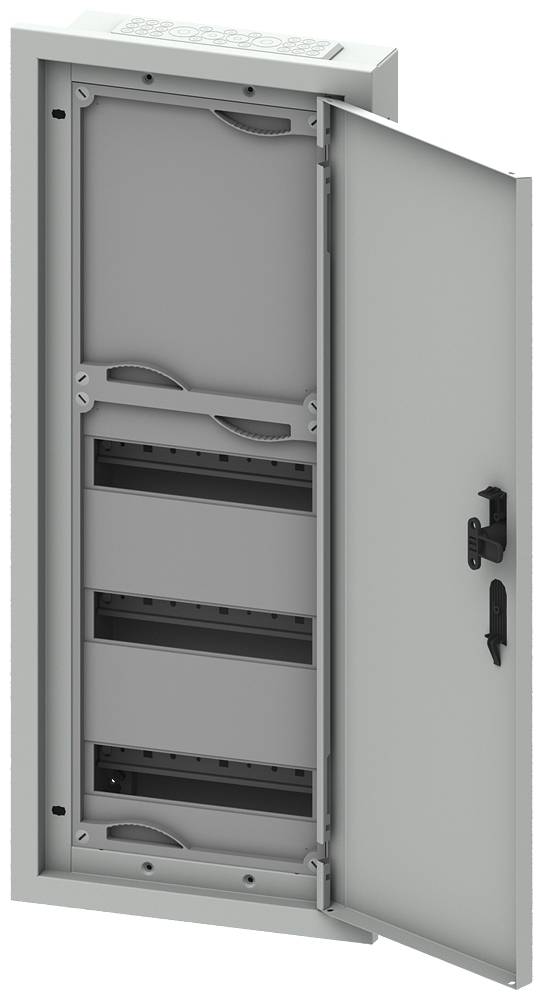 Ein geöffneter grauer Verteilerkasten mit mehreren leeren Schienen für elektrische oder technische Installationen.