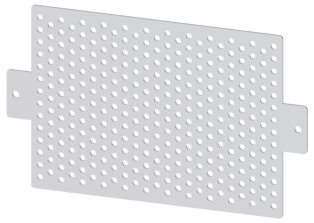 Perforiertes Metallblech mit regelmäßigen, runden Löchern. Rechteckige Form mit verlängerten Laschen an den Seiten.