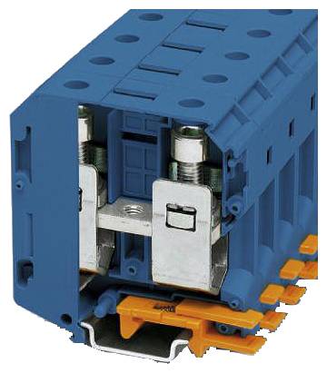 Ein blauer elektrischer Steckverbinder mit mehreren Anschlüssen und silbernen Metallteilen. Eignet sich zur Montage auf einer Schiene.