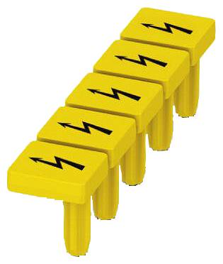 Fünf gelbe Schalter mit Blitzsymbolen, angeordnet in einer Reihe. Symbolisiert möglicherweise Elektrizität oder Spannungskontrolle.