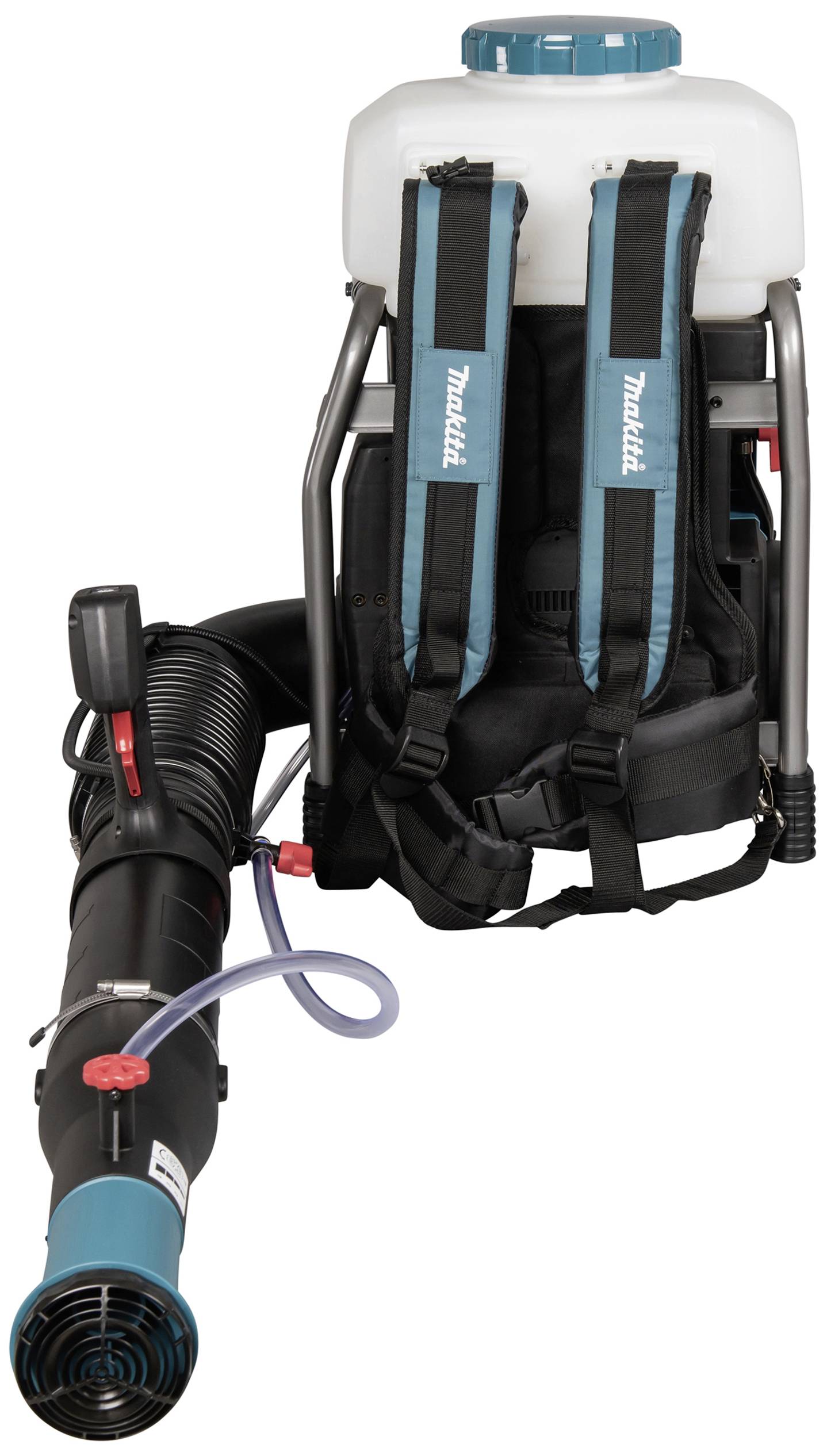 Rücken-Sprühgerät in Blau und Weiß, mit ergonomischem Design und verstellbaren Gurten; geeignet für Gartenarbeit und Schädlingsbekämpfung.