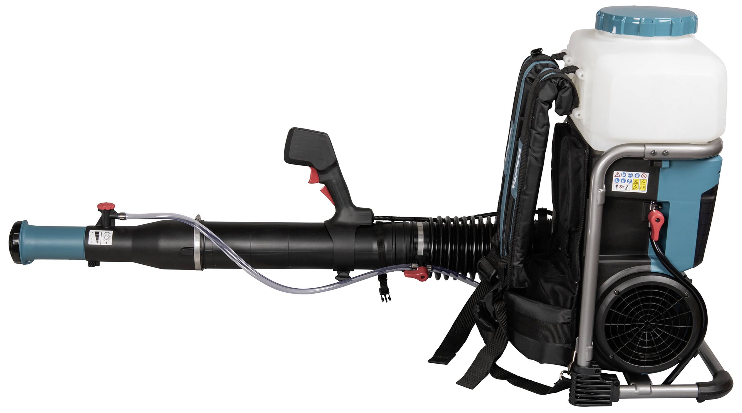 Ein tragbares Sprühgerät mit Tank und Schlauch, verwendet zur Verteilung von Flüssigkeiten. Geeignet für Gärten oder landwirtschaftliche Zwecke.