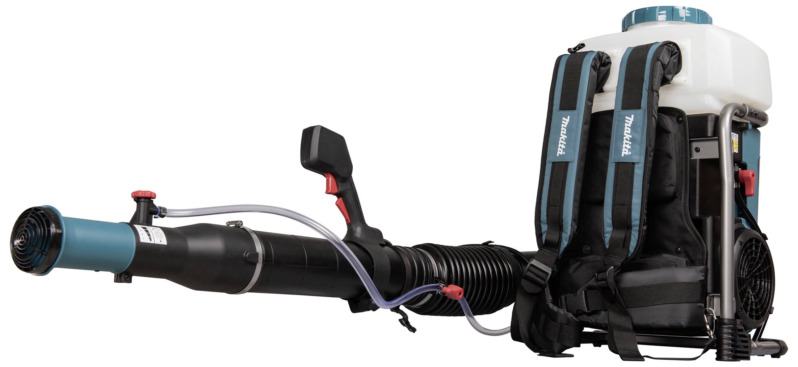 Ein tragbarer Laubbläser-Rucksack mit einem großen, weißen Tank und blauen Details. Er ist für Garten- und Landschaftspflege geeignet.