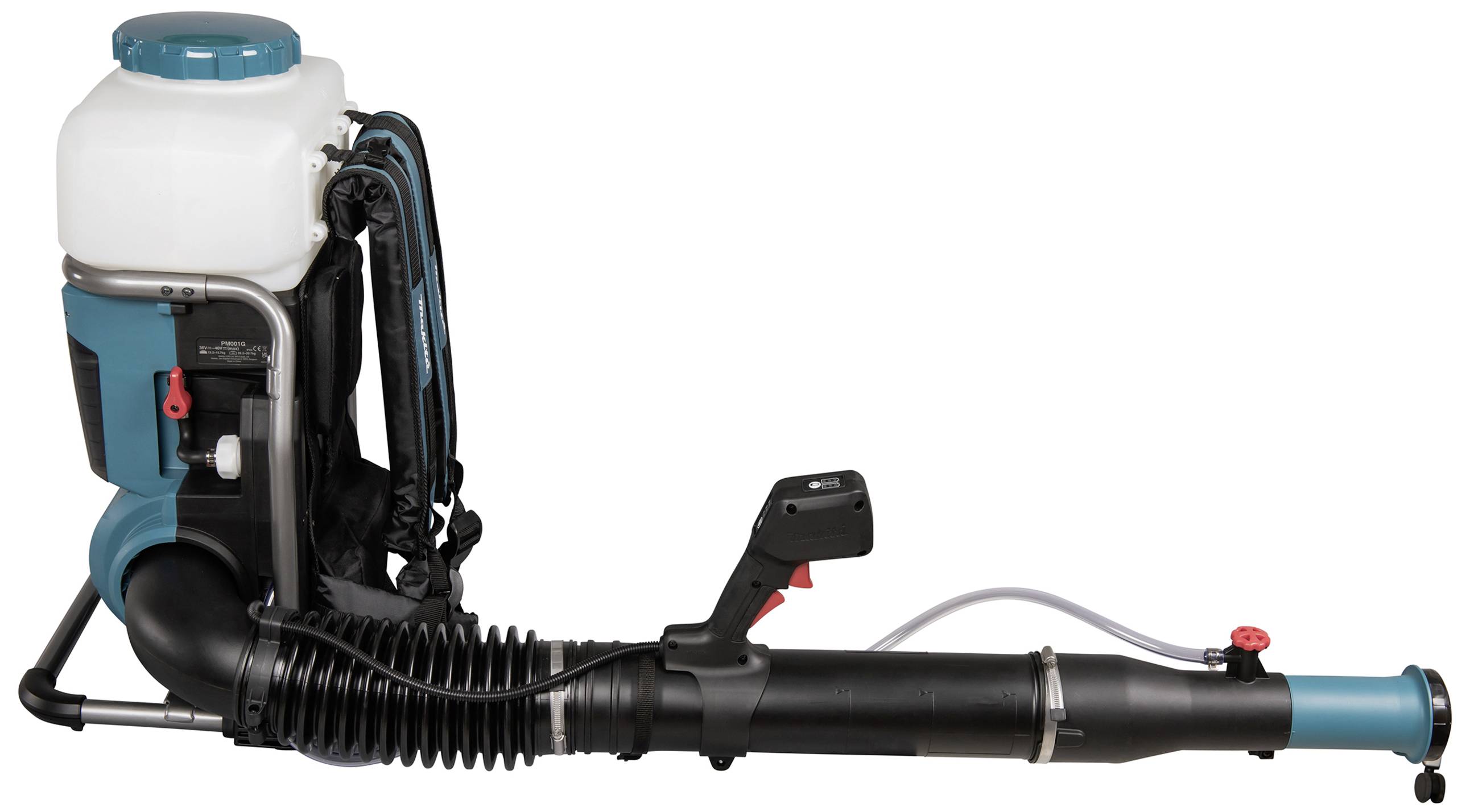 Laubbläser mit tragbarem Tank und langem Düsenrohr, auf weißem Hintergrund fotografiert.