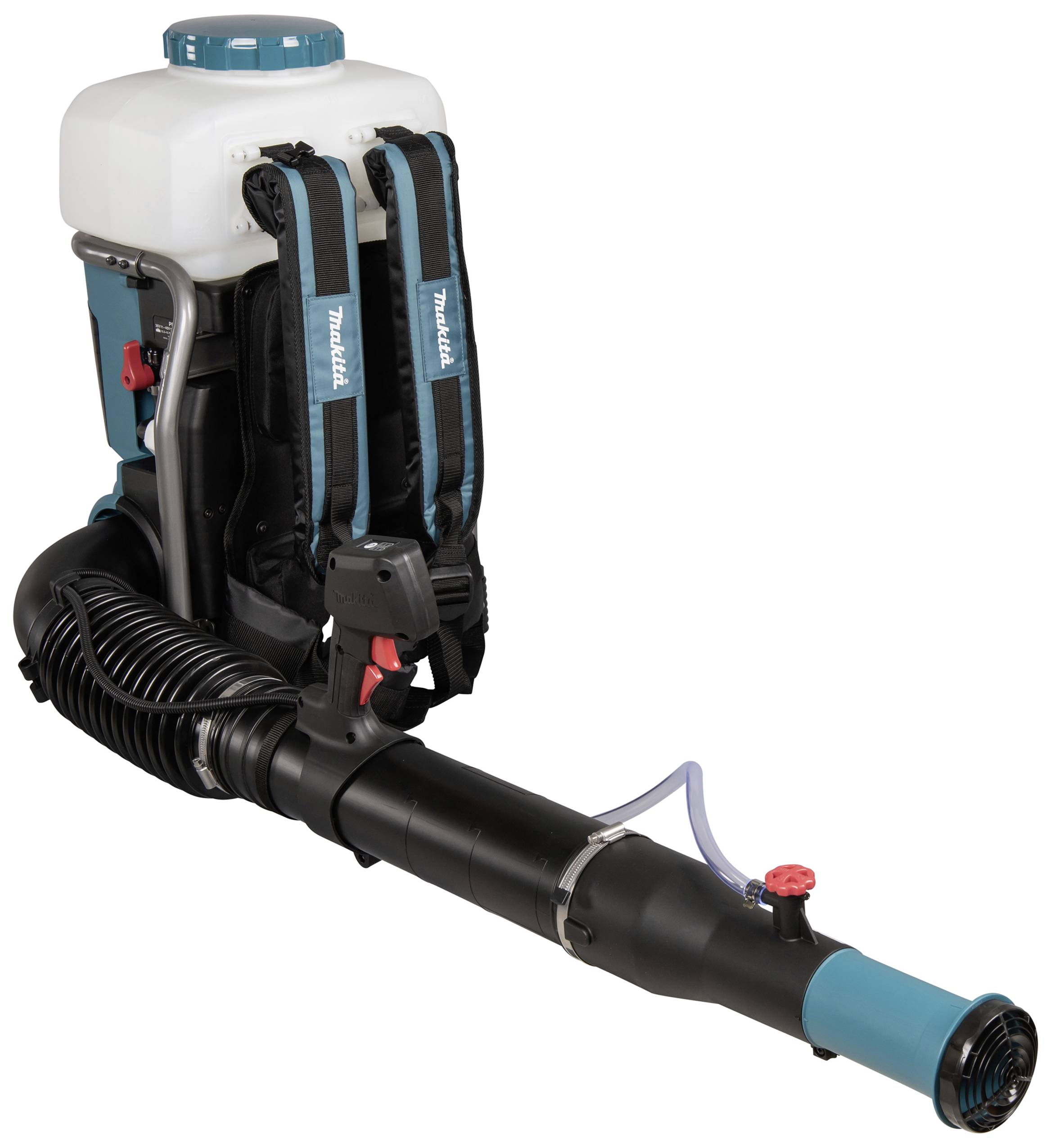 Ein tragbarer, weißer Laubbläser mit schwarzem Schlauch und blauer Düse, ausgestattet mit blauen Schultergurten und einem roten Griff.