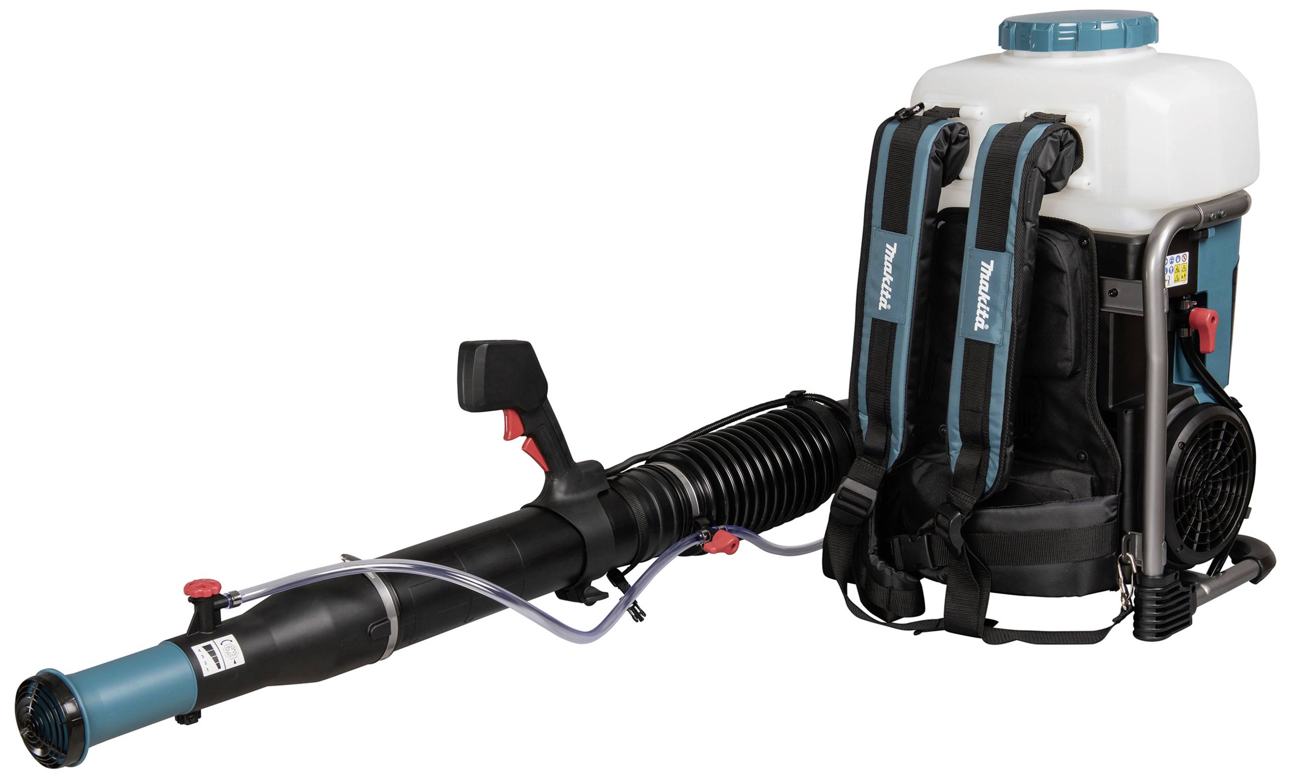 Tragbares Sprühgerät mit Tank und Schlauch, verwendet für Garten- oder Landwirtschaftssprühaufgaben.