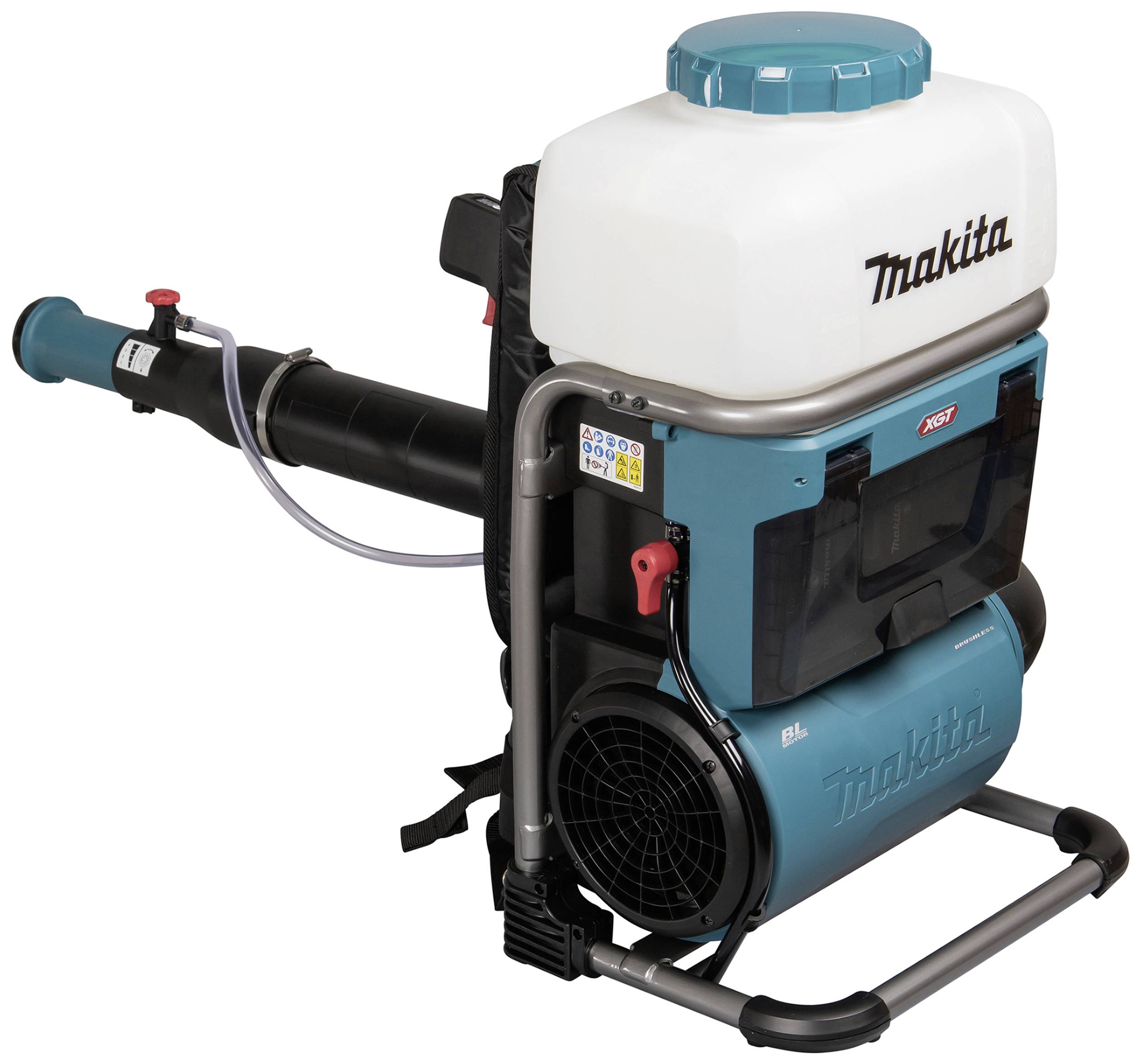 Tragbares Akku-Sprühgerät von Makita, mit großem weißen Tank und blauer Ausführung, geeignet zum Besprühen von Pflanzen oder Flächen.