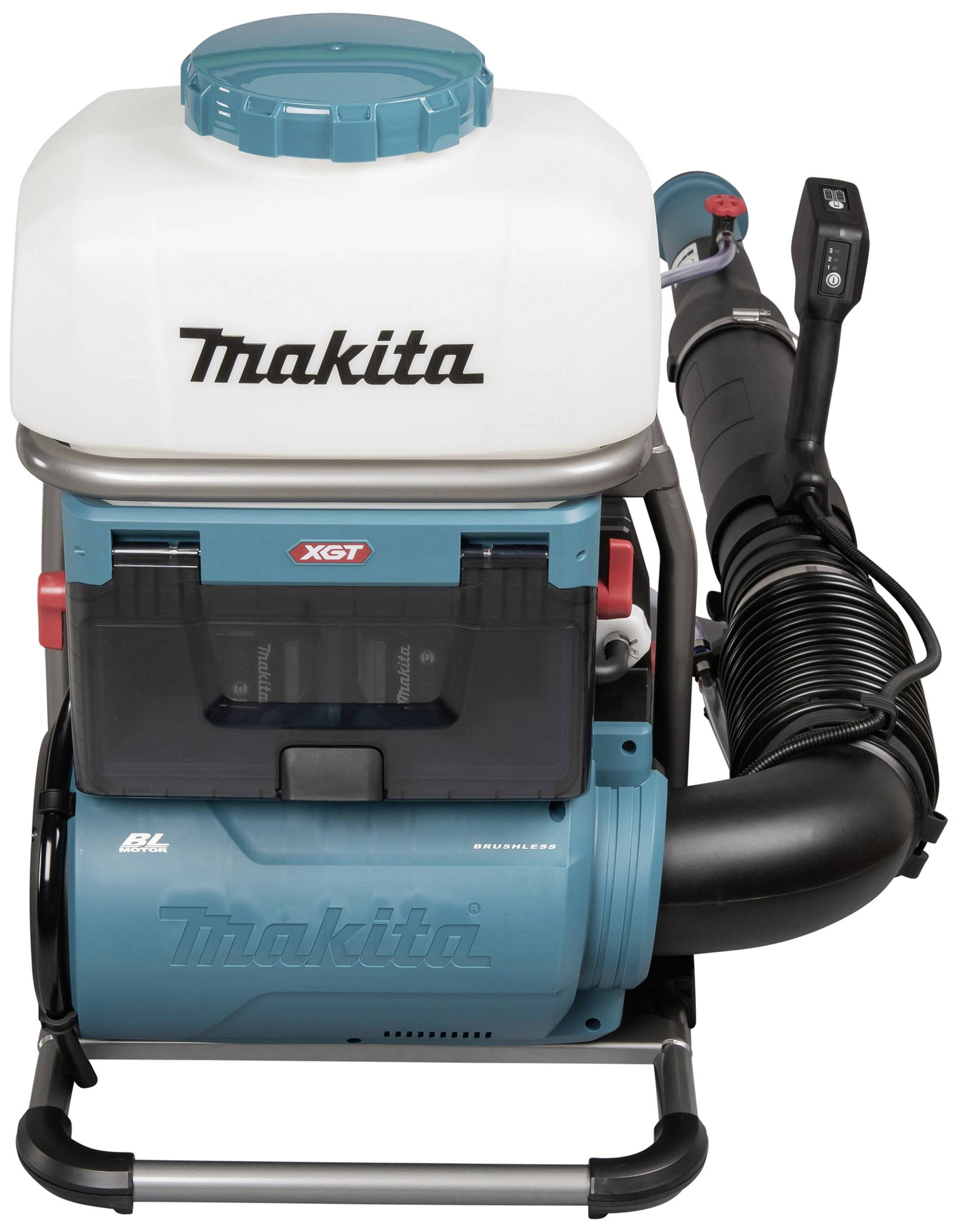 Makita Akku-Laubbläser in Petrolfarben, Modell XGT, mit großem Gebläse und ergonomischem Griff. Ideal für Gartenarbeiten.