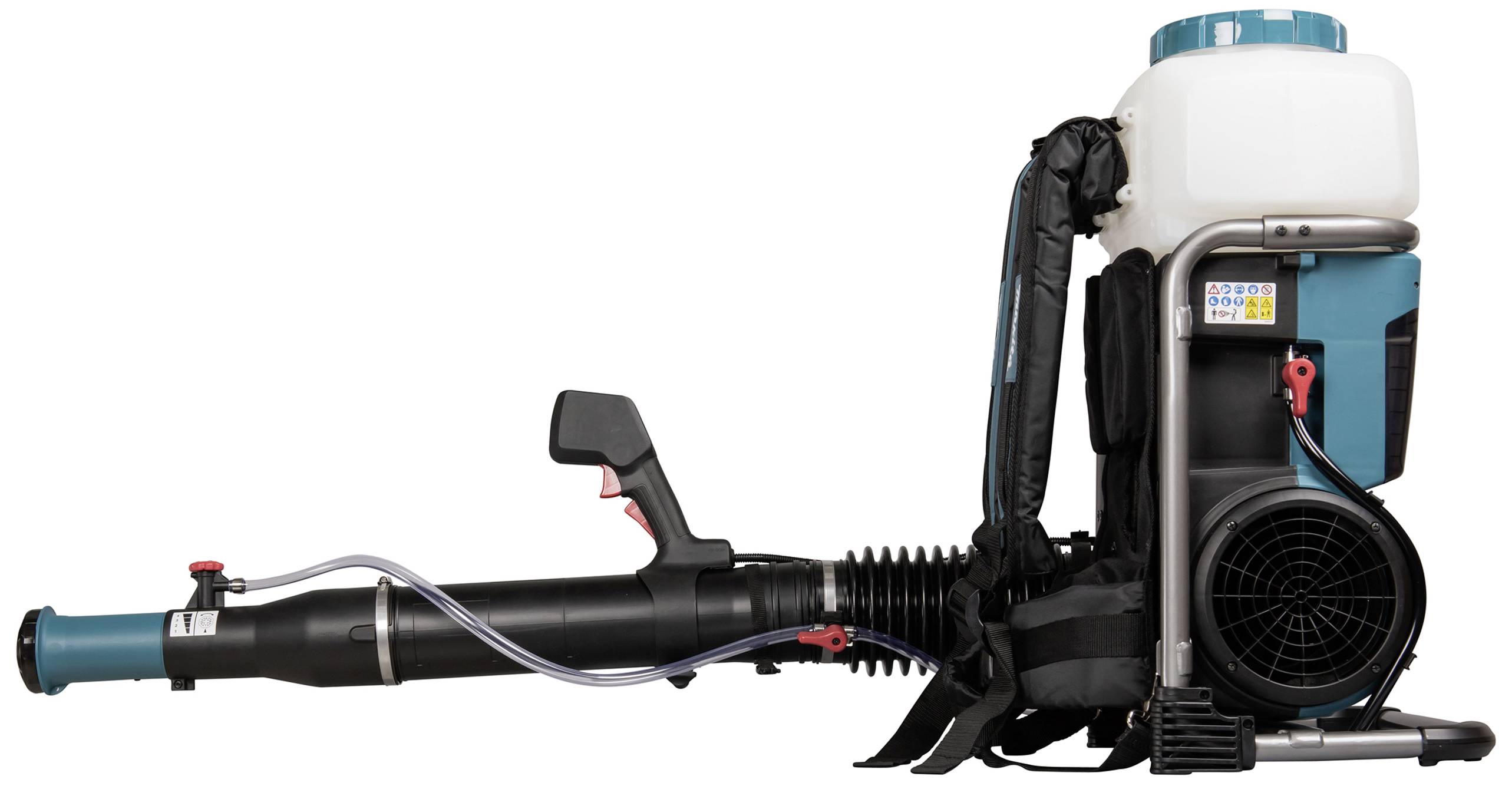 Laubbläser mit Rückentragegurt, weißem Tank oben und schwarzem Gebläserohr. Kompaktes Design für effiziente Laubentfernung.